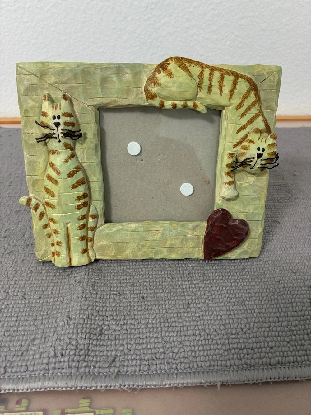 Whimsical Cat Photo Frame in Pale Green with Brown Stripes 6” x7 1/2” ceramic